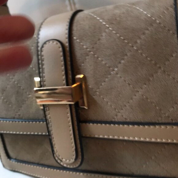 Beige Faux Suede and Faux Leather Crossbody Bag Purse Satchel with Top Handle - Picture 2 of 9